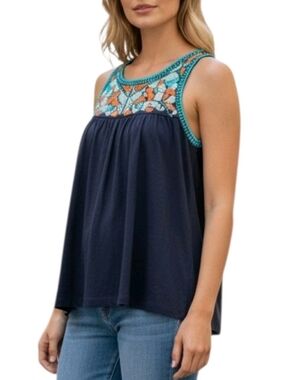 crown & ivy Navy Tank with Teal and Orange Embroidered Yoke Size 2X